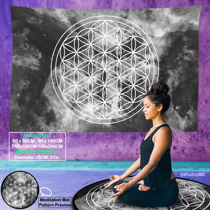 Black and White Flower Of Life Tapestry Boho Hippie Wall Hanging Pagan Crystal Healing Altar Cloth Spiritual Energy Wall Cloth