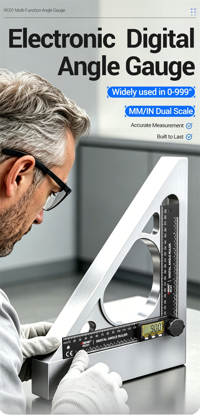 ANENG RC01 Digitaler Winkelmesser 0,0‑999,9 ° Nullpunkt-Reset, Datenhaltefunktion, automatische Abschaltung, Präzisions-Messwerkzeug für die Holzbearbeitung – Detail 1