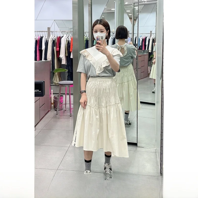 Pure Cotton ort Sve V-Ne Blouse Versatile Patchwork Hem Commute Sle Korean Faion Gored Skirt Button Detail