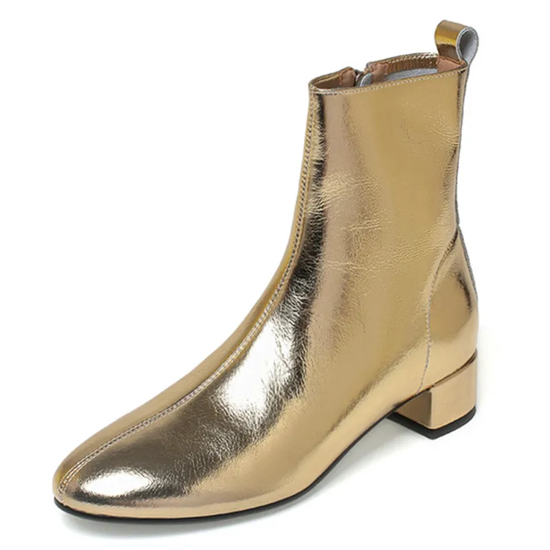 Botines de lujo dorados y plateados para mujer, zapatos de fiesta cortos informales de tacón bajo con espejo de cuero genuino para otoño e invierno, calzado para mujer