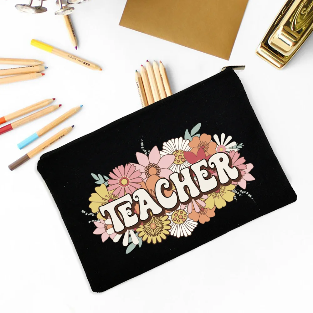 Teacher Flower Print School Stationery Supplies Storage Bags Wash Pouch Cosmetic Bags Teacher Gift Pencil Case Travel Makeup Bag