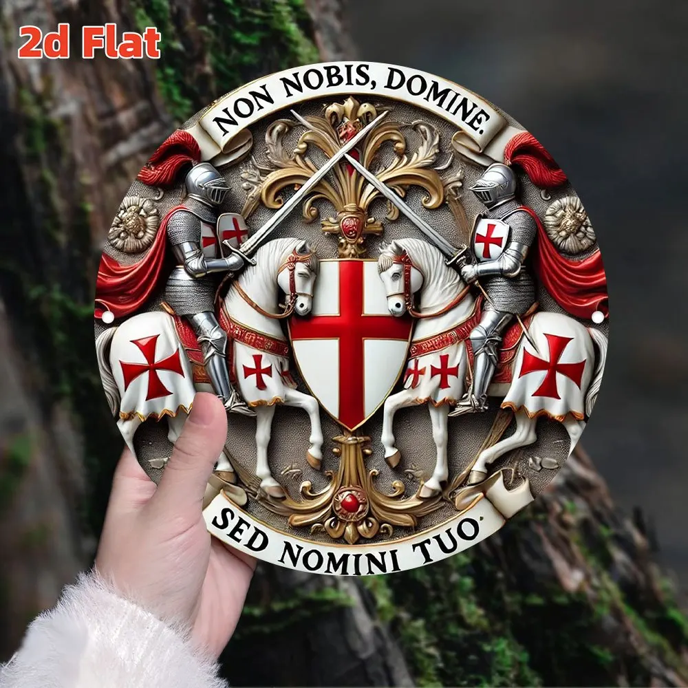 2D Flat Medieval Templar Knight Emblem Wall Decor - Vintage Round Aluminum Metal Sign, Perfect for Home, Garden, Bar, Cafe,Offic
