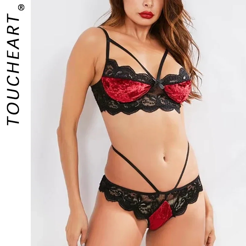 

Toucheart Sexy Lace Sexy Lingerie Patchwork Mesh Hollow Out Perspective Underwear Set For Women Sexy Contrast Color Bra Suit New