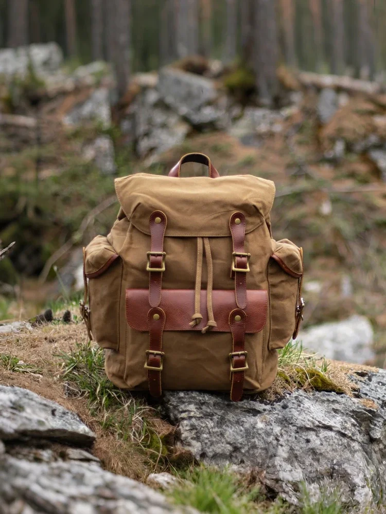 

Durable Waterproof Vintage Brown Waxed Canvas Backpack Multi-Pocket Rucksack Leather Brass Accents Travel Hiking Daily Bag