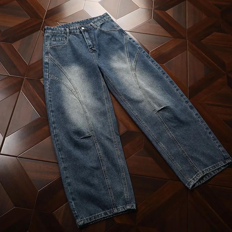 

Spring New American Curved Washed Man Pants Loose Vintage Street Denim Regular Straight Wide Leg Jeans Men