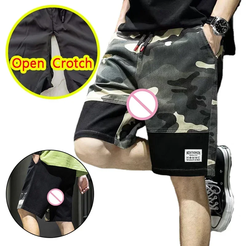 

Men Open Crotch Shorts Sexy Gay Hidden Zipper Camouflage Thin Casual Mini Beach Panties Patchwork Board Crotchless Crop Pants