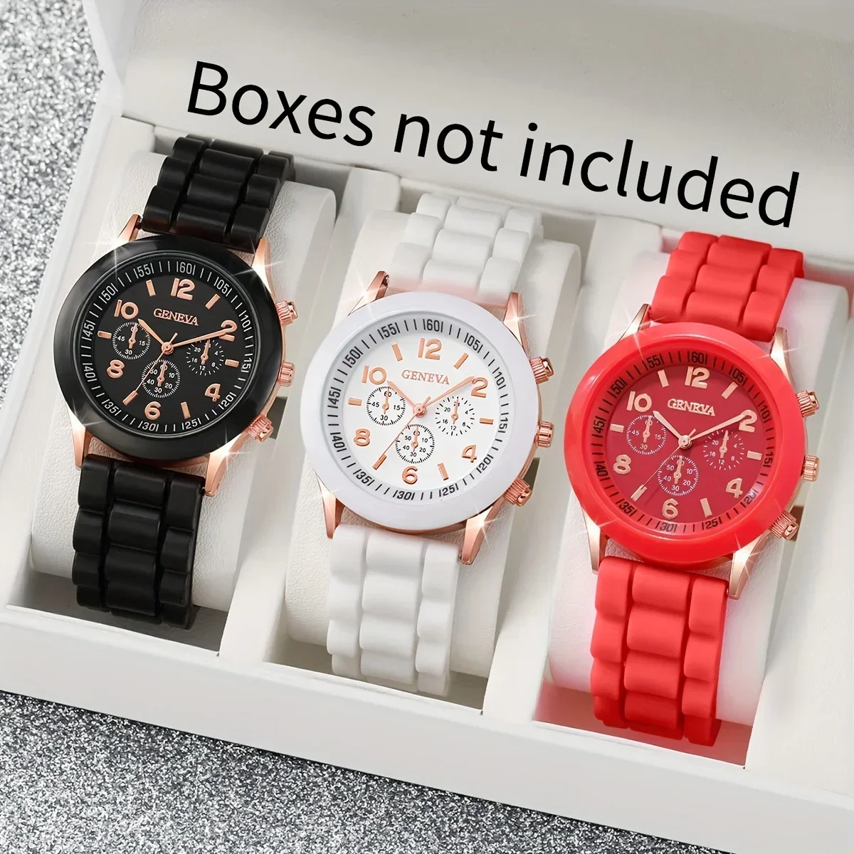 

Женские наручные часы с силиконовым ремешком и тремя циферблатами и кварцевым механизмом — набор из 3 штук (коробки в комплект не входят)