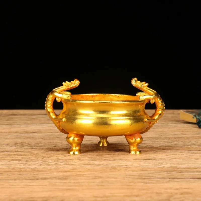 Gilt copper alloy double Pixiu holding a bowl, three-legged incense burner, home worship decoration, craft item