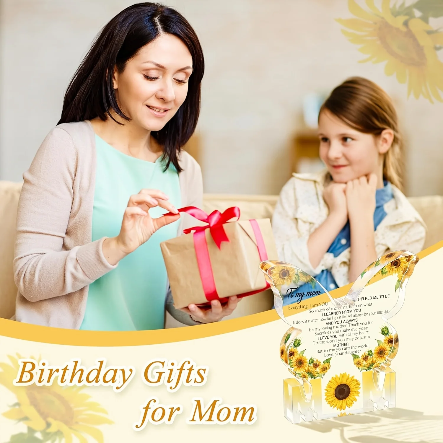 Gifts for Mom Birthday Gifts for Mom from Daughter Son Delicate Butterfly-Shaped Sunflower Acrylic Plaque Mom Present