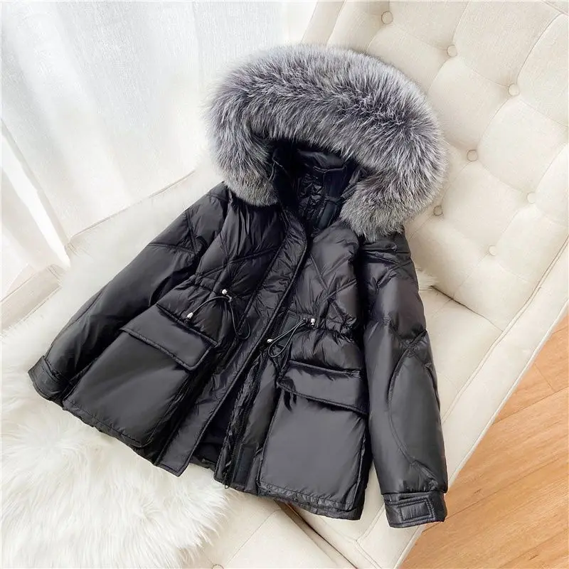 Female Winter Autumn Tops Coat Cotton-padded Clothes Fur Collar Glossy Hooded Thicken Warm Retro Simple Minority Versatile Thin
