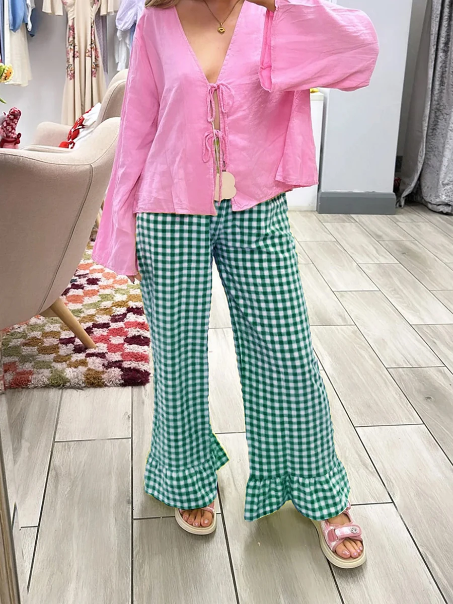 2024 Fashion Plaid Flared Pants Women y2k Vintage Ruffle Hem Pleated High Waist Pants Summer Straight Leg Holiday Trousers