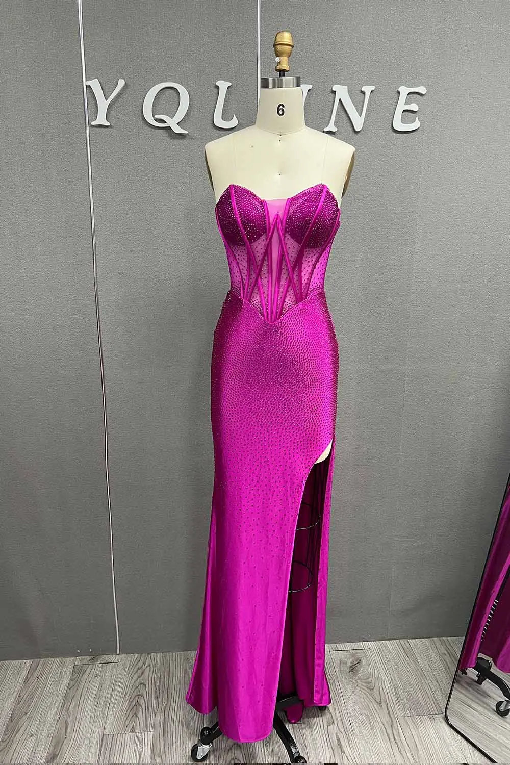 YQLNNE Vestido De Gala Light Blue Rhinestones Satin Prom Dresses Sweetheart Fitted High Slit Mermaid Formal Gown