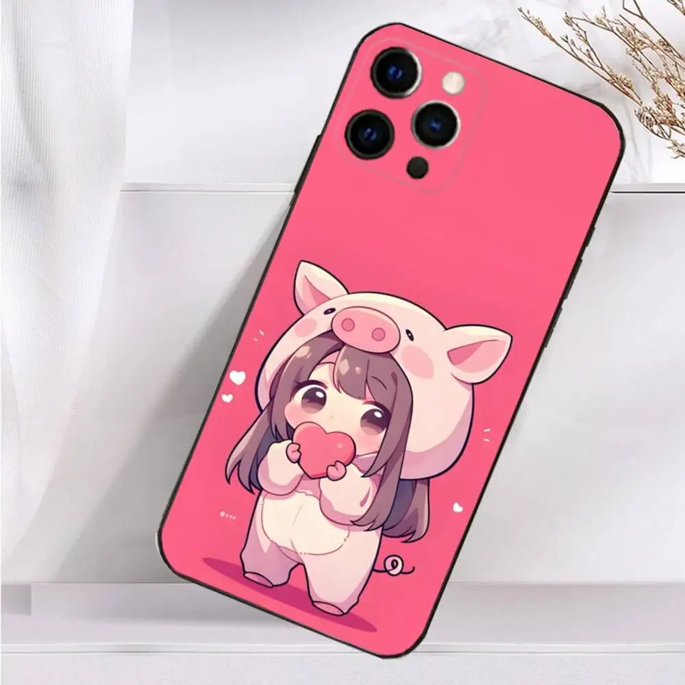 Funda rosa de dibujos animados Beauty Girl para iPhone 16,15,17,14,13,12,11 Plus,Pro Max,XS,X,XR,SE,Mini,8,7 funda negra de silicona suave