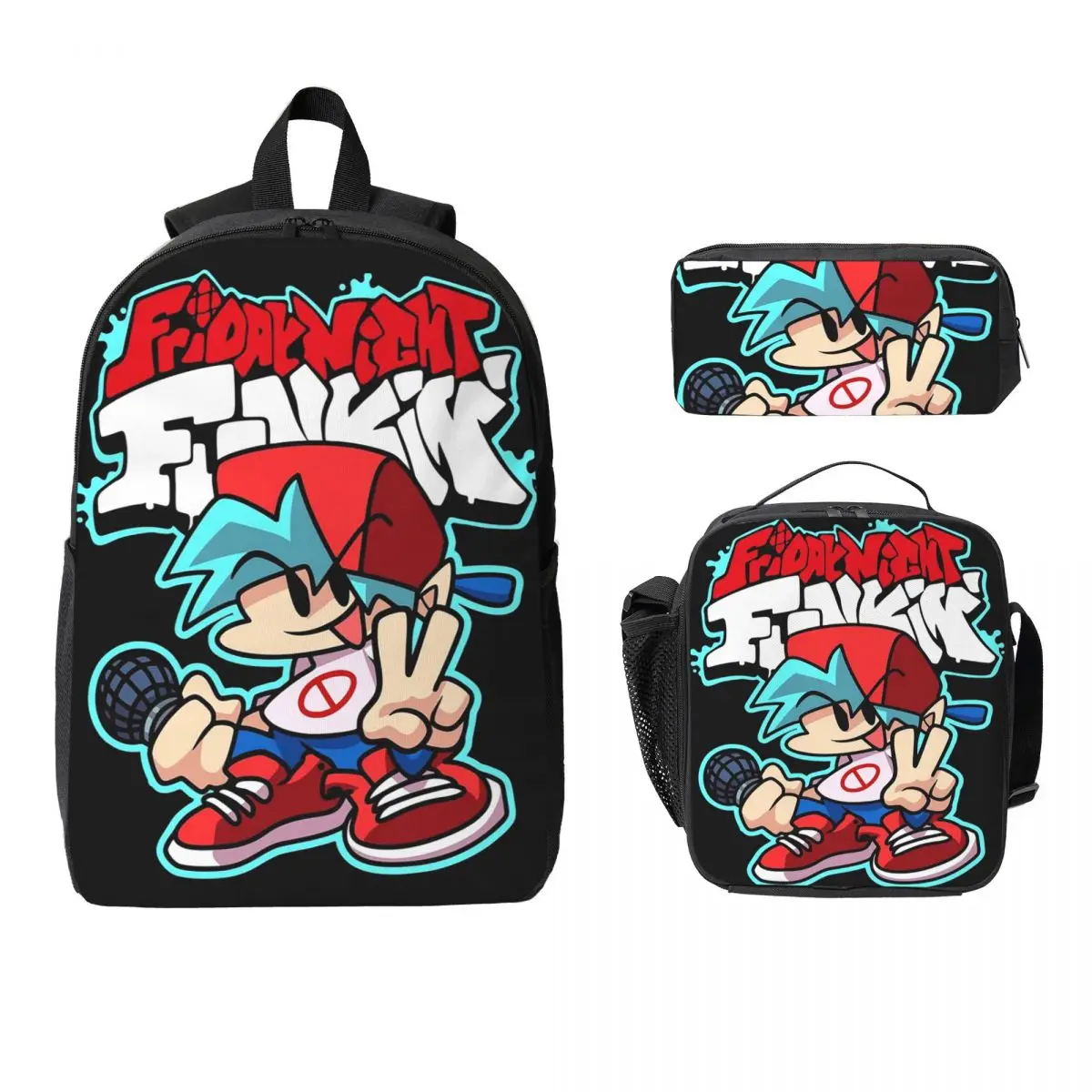 Friday Night Funkin, Boyfriend Backpack Boys Girls BookBag School Bag Laptop Shoulder Bags 3ps Insulated Lunch Bag Pencil Case