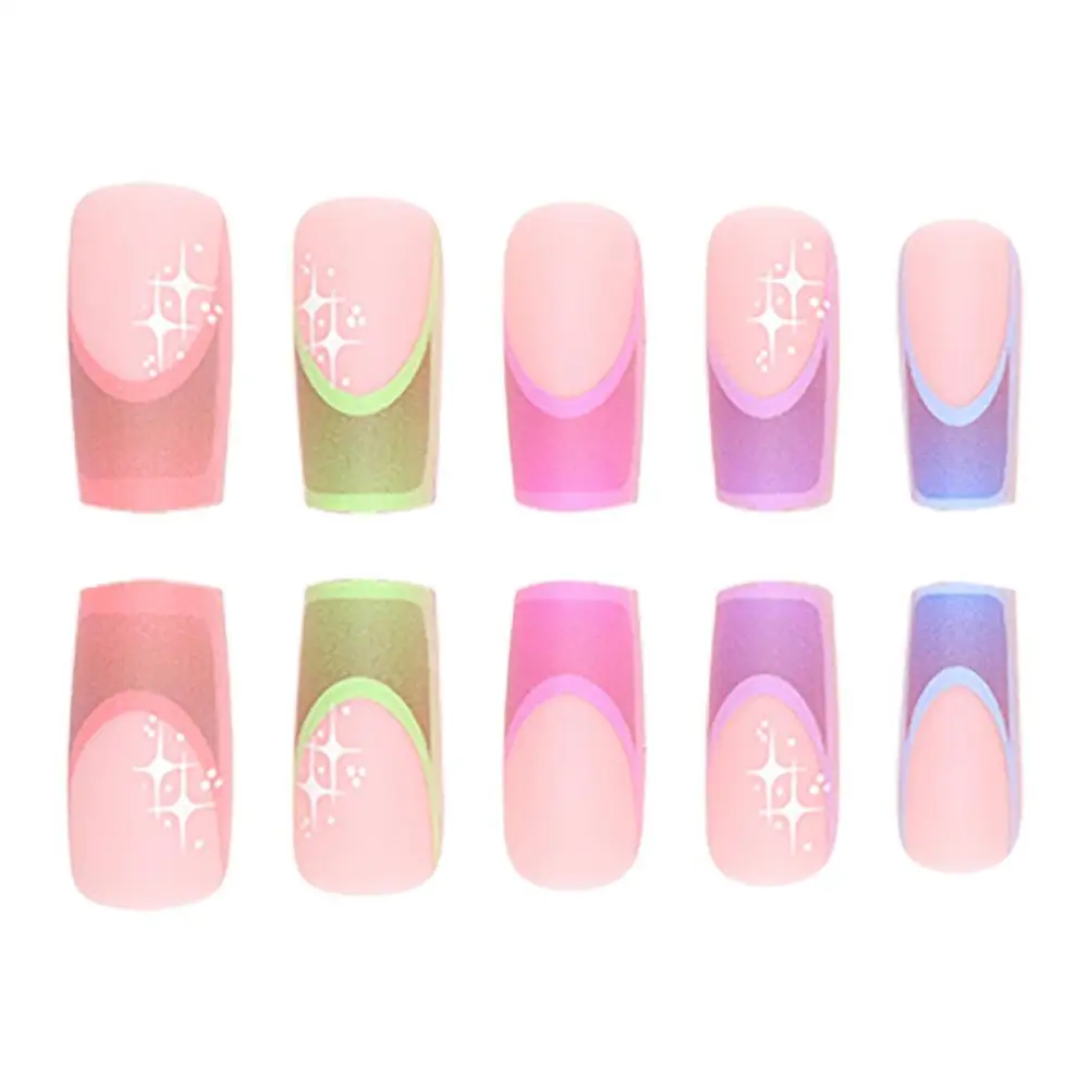 

Wearing Colored French Lines Star Nail Art With Dopamine 2025 Nails Removable Fake NEW Patches B6I8