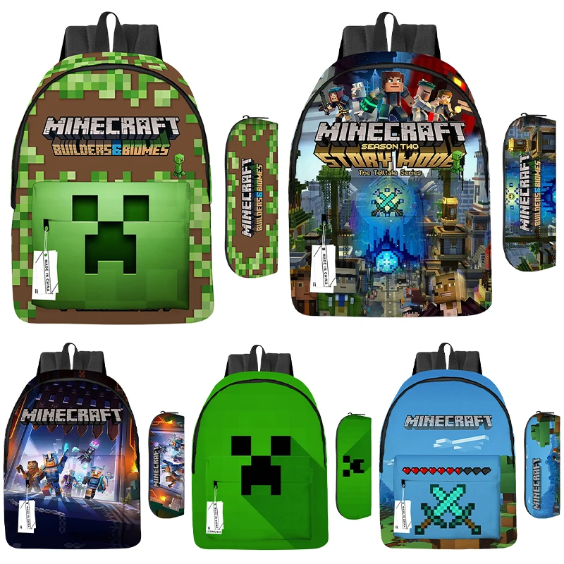 2pcs Game Minecraft Cartoon Large Capacity Backpack Student Portable Pencil Case Boys Girls School Supplies Stationery Mochila