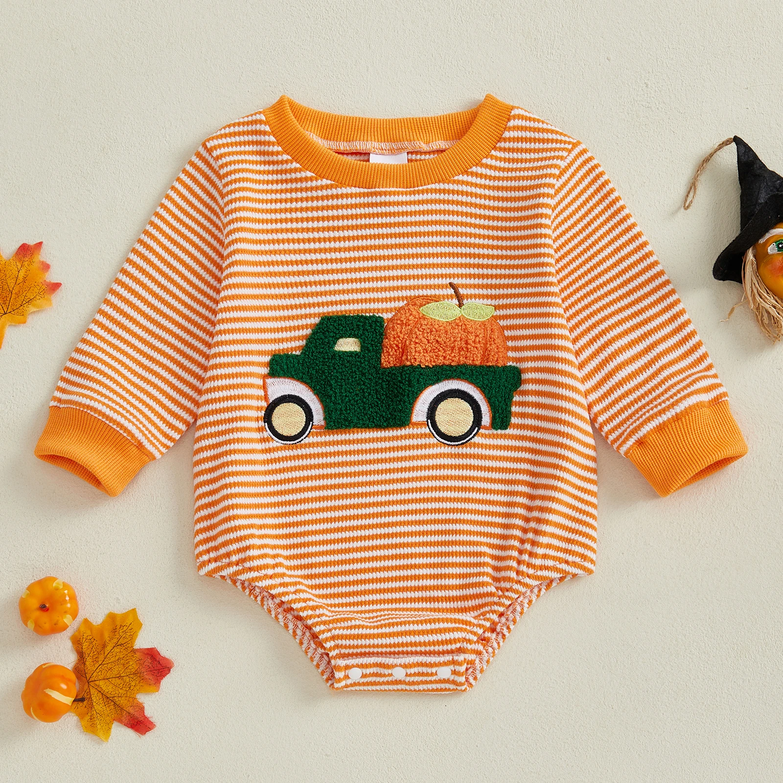 

SUNSIOM 0-18 Months Baby Halloween Stripe Waffled Romper Pumpkin Truck Embroidery Long Sleeve Round Neck Jumpsuit