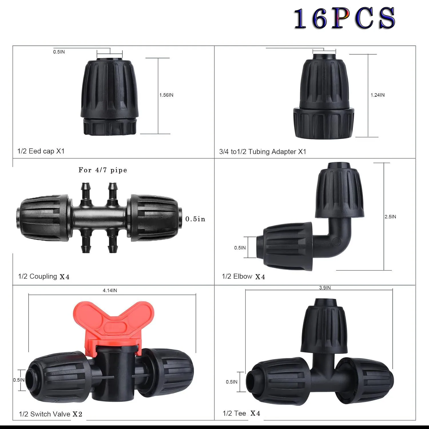 

14 шт. 1/2 дюйма, комплект фитингов для ирригационных трубок, 16 мм, колючие стопорные гайки, соединители с 4 зубцами, 1 конец, 4 локтя, 2 значения
