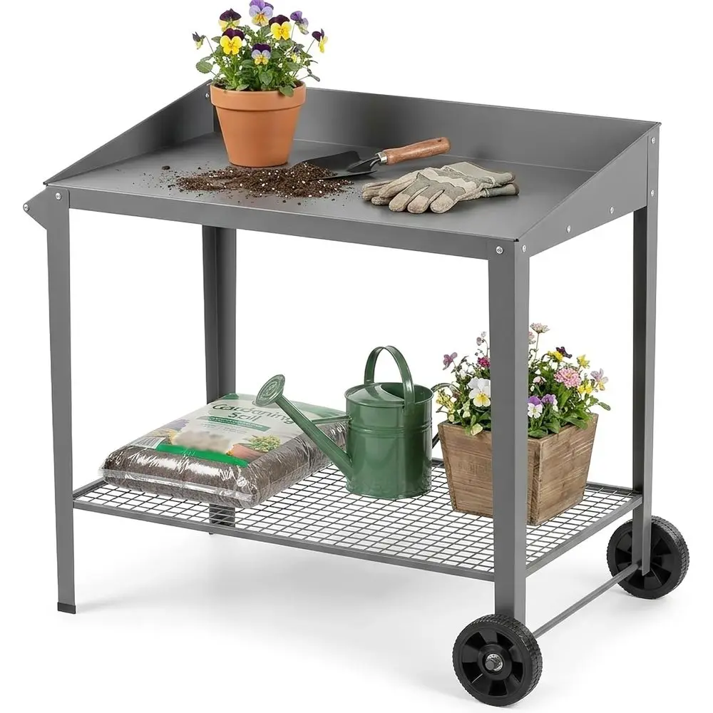 Outdoor Metal Potting Bench with Wheels, Storage Shelf, Gray | All-Weather Metal, Raised-Edge Worktop, Wire Mesh Shelf, Sturdy N