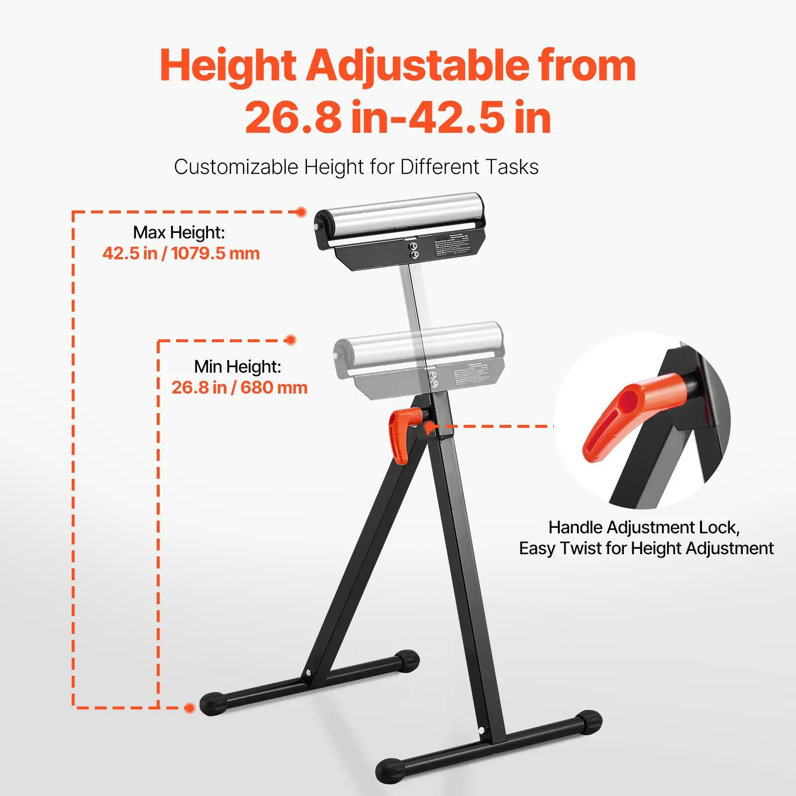 2 Pack Folding Roller Stands 135 lb Capacity Adjustable Height 26.8 to 42.5 in Steel Roller Head for table Saw Outfeed and Woodworking Support Extension