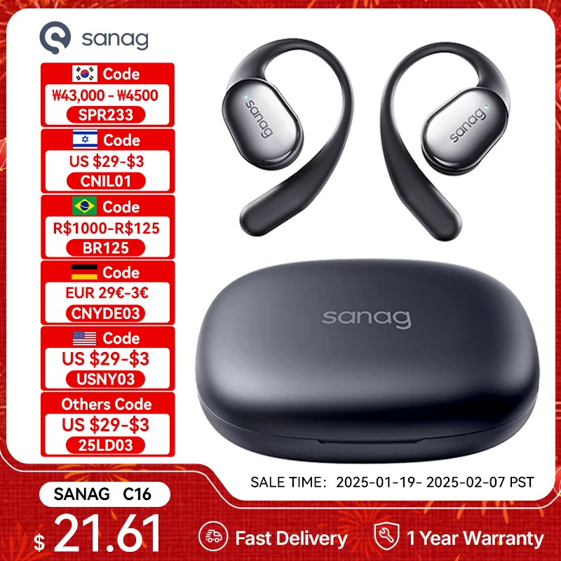 

Sanag C16S Bluetooth 5.4 Wireless Headphones Open Ear OWS Earphones HiFi Sound Headset APP Control TWS Earbuds 8 Hours Playback