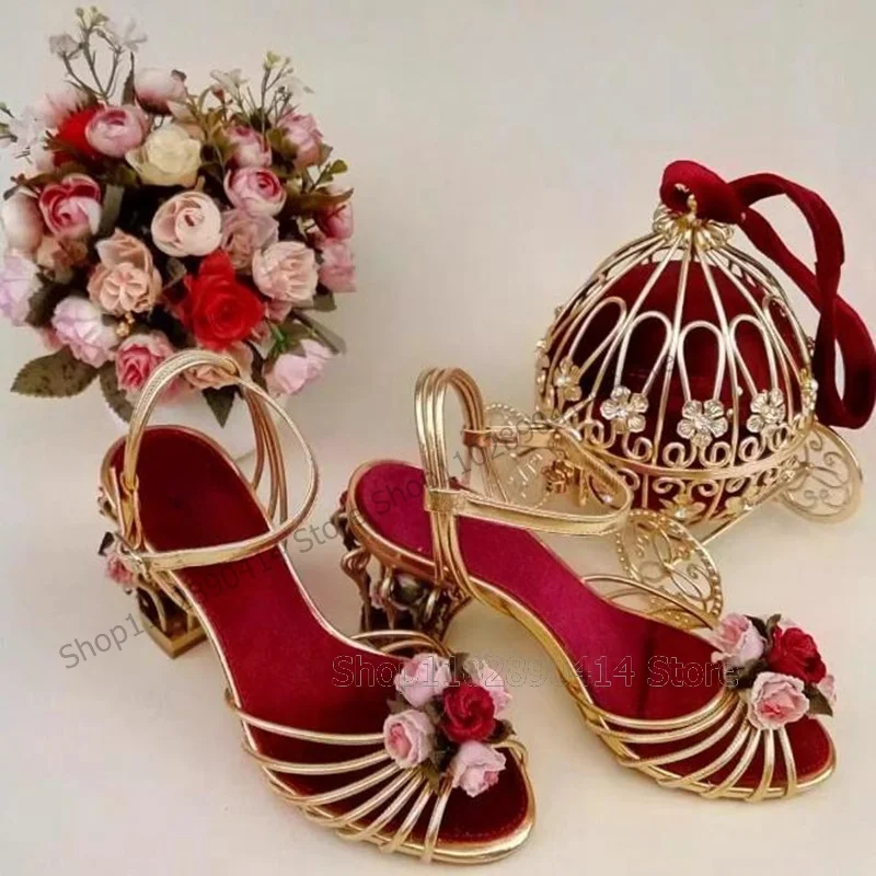 Flower Decor Metal Birdcage Heel Court Style Sandals Ankle Buckle Strap Women Shoes New Fashion Banquet 2024 Zapatos Para Mujere