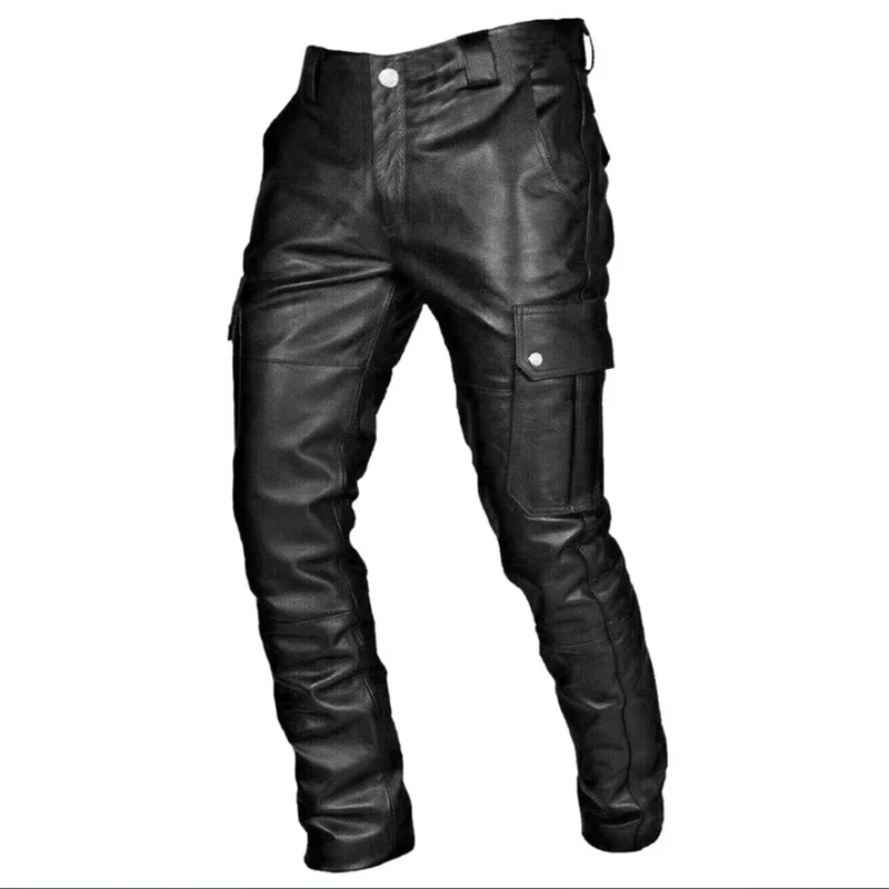 Novos homens soltos calças de couro falso preto/vermelho/marrom moda masculina lazer diário motocicleta multi bolso calças tamanho grande 5xl