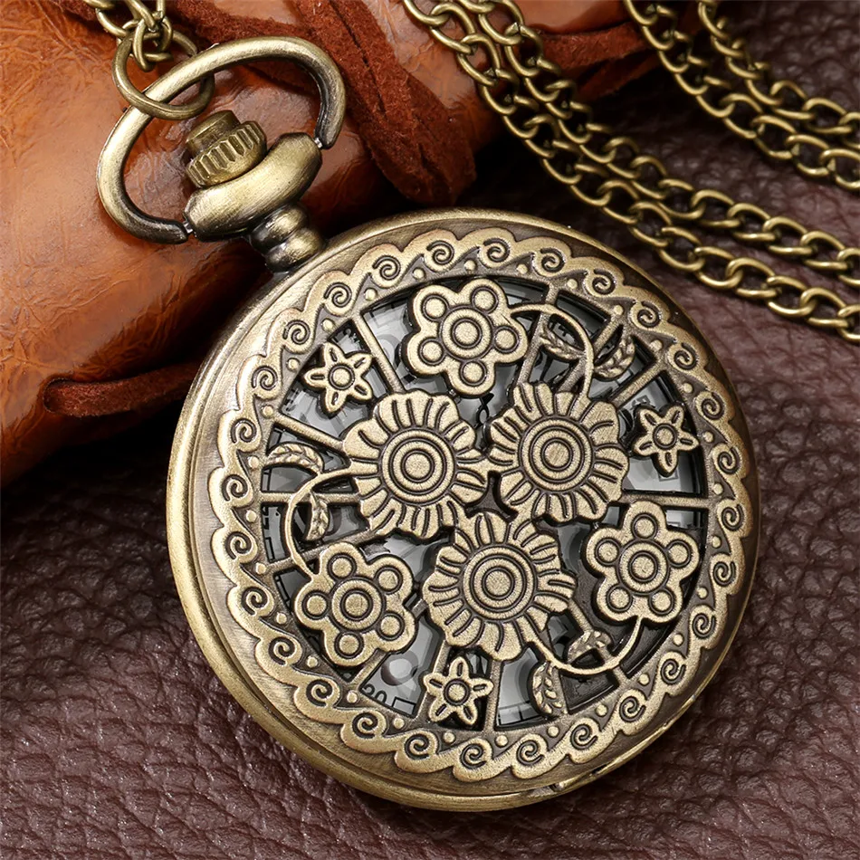 Vintage Bronze Butterfly Flower Hollow Cover Quartz Pocket Watch Arabic Numerals Display Necklace Watch Antique Clock