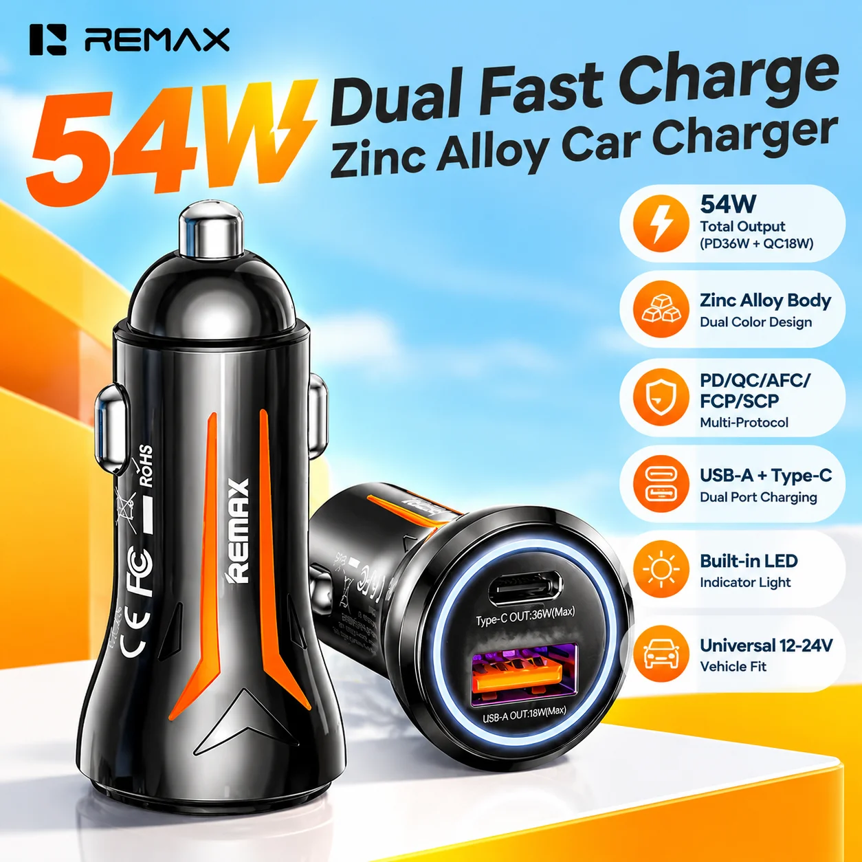 REMAX 54W Zinc Alloy Dual Port Fast Car Charger PD36W QC18W USB A Type C Multi Protocol LED Light For Laptop Tablet Phone