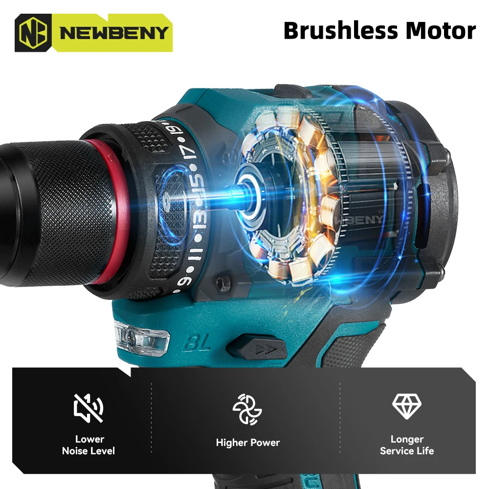 NEWBENY 10mm Brushless Electric Drill Screwdriver 21+2 Torque Cordless DIY Household Drill Tool For Makita 18V-21V Battery