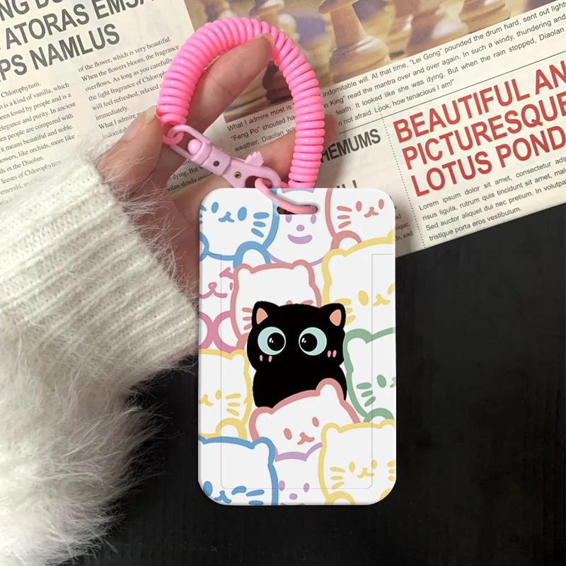 学生のためのかわいい猫のカードホルダー、kpop idolグラフィックカード、ポータブルワーカーストラップ、カワイイファッション、1個