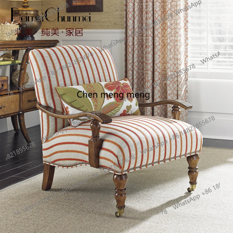 

American solid wood single chair with pulley striped fabric leisure living room armrest tiger chair