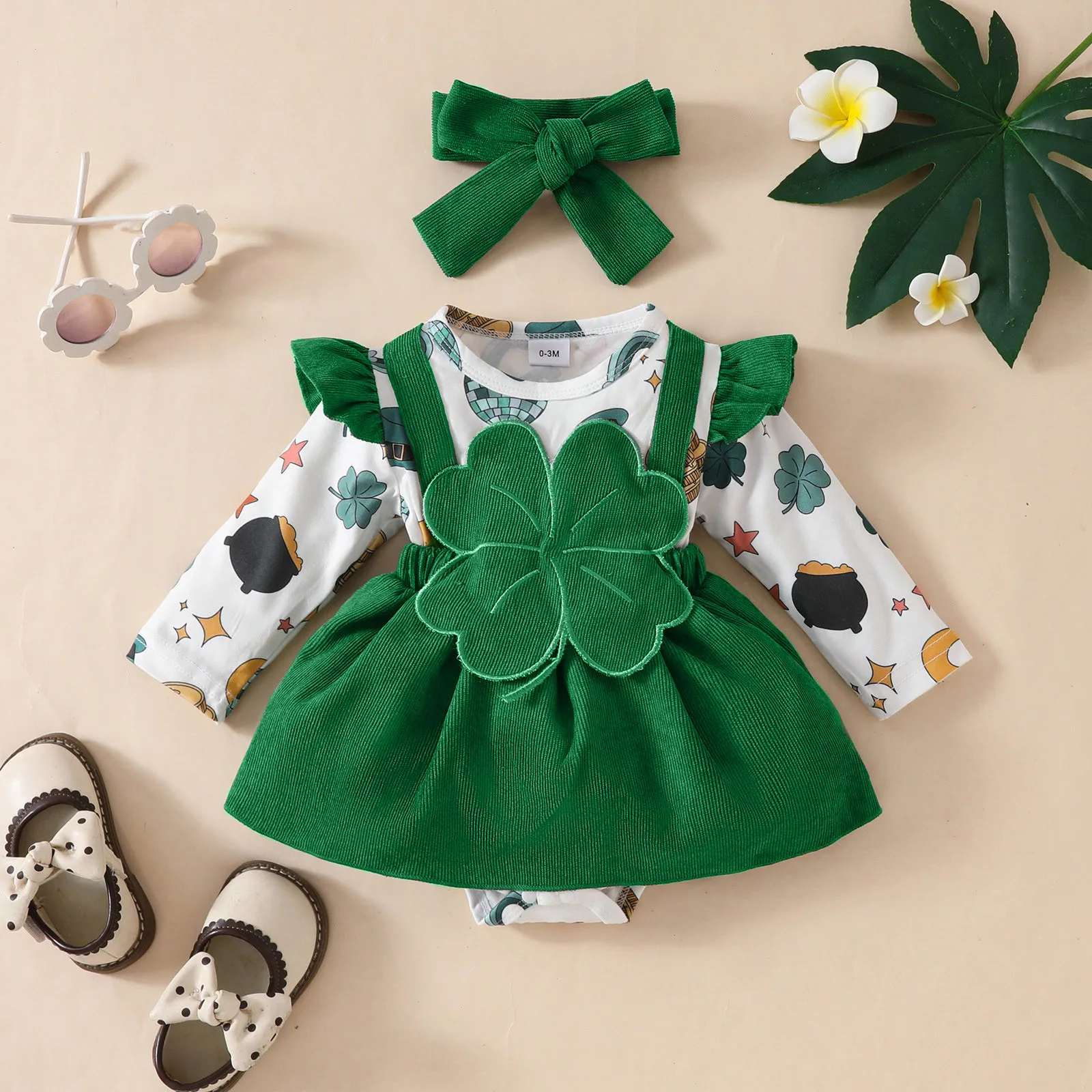 

2025 детская одежда на день Святого Патрика, боди с принтом для новорожденных от 0 до 18 месяцев + повязка на голову, 2 шт., платье с зеленым клевером для девочек, комбинезоны с бретельками