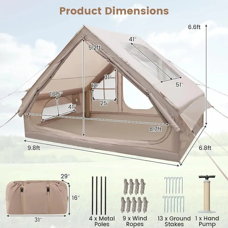 3-5 people double-layer inflatable camping tent (with pump) with awning, premium luxury waterproof family tent quick to set up