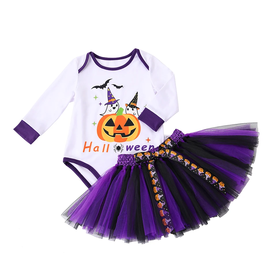 Halloween Baby Jumpsuit Pumpkin Head Skull Bones Infant Costume Bat Romper Long Sleeve Round Neck Button Suit 2Pcs Clothes Set