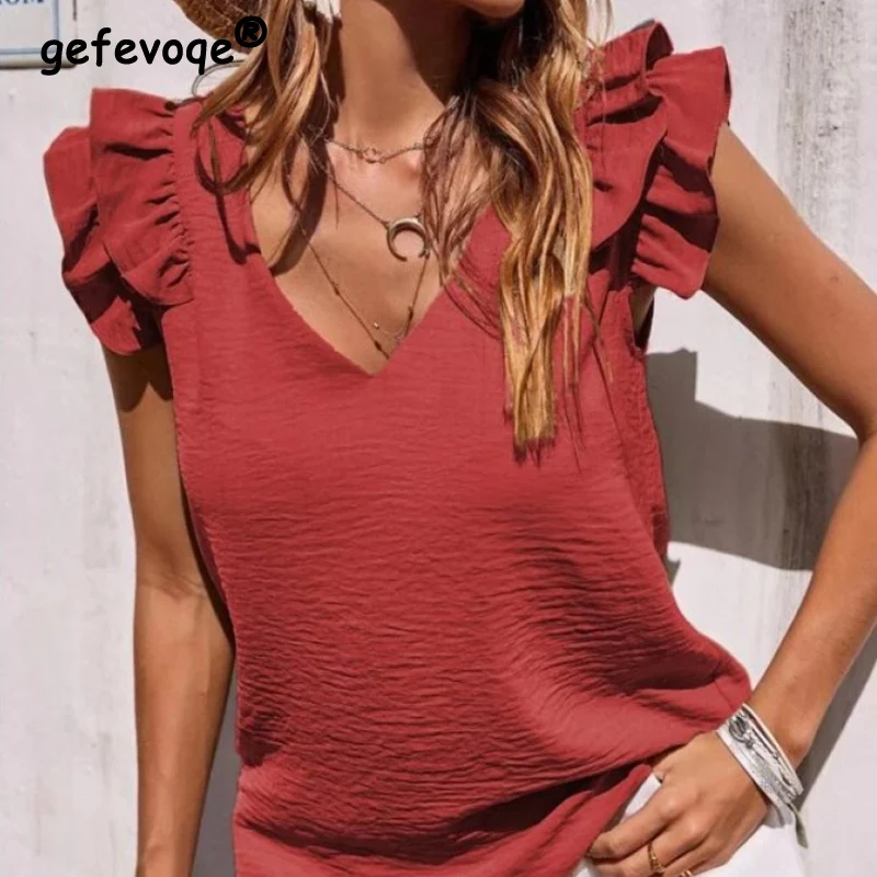 Elegant Fashion Ruffles Folds Sleeveless Blouse Woman Clothing 2023 Summer New Street V-Neck Pullovers Loose Solid Shirts Female