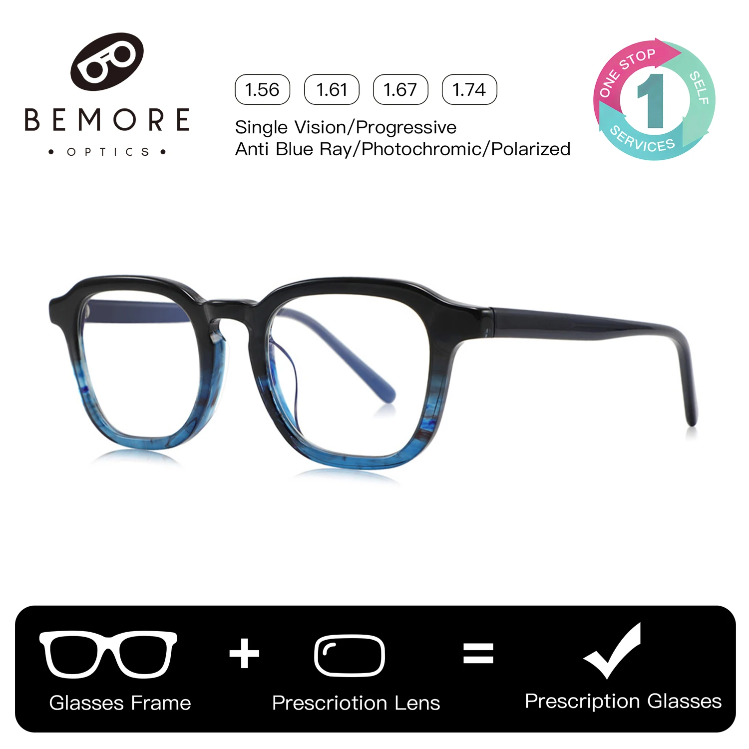 

BEMORE Unisex Square Round Handmade Acetate Optical Lenses with Prescription Anti-Blue Ray Photochromic Multifocal Eyewear