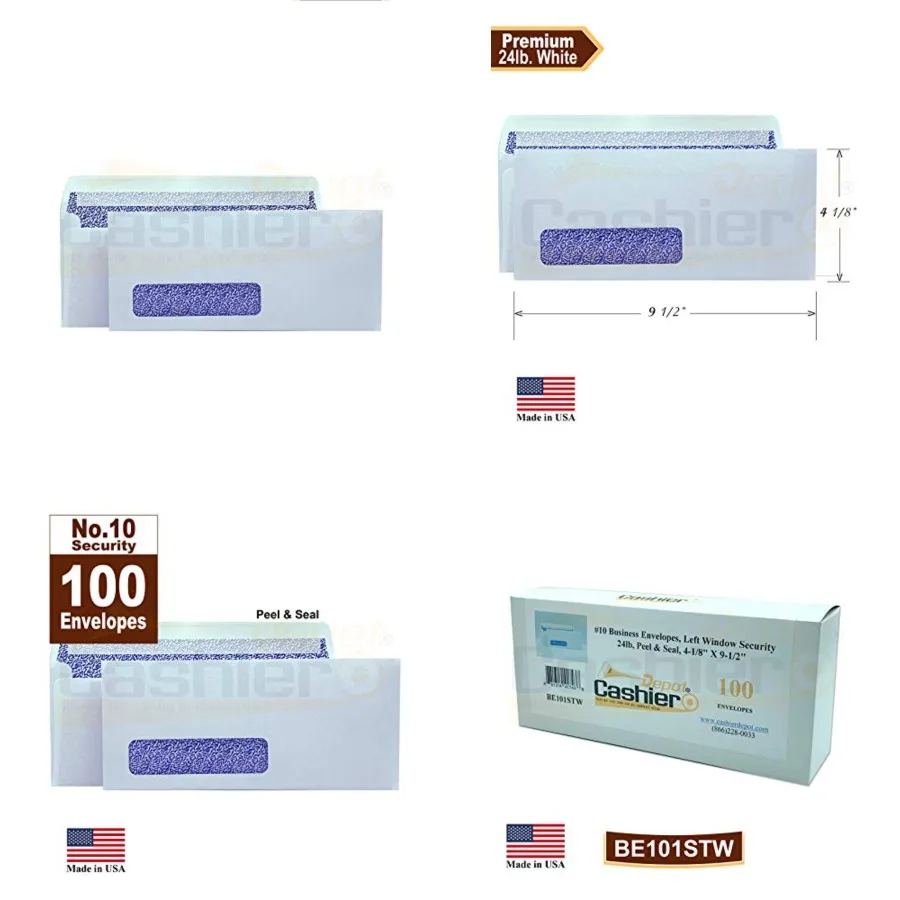 

Cashier Depot - #10 Business Envelopes with Left Window, 4 1/8 x 9 1/2 Inch, 24lb White Wove, Security Tinted, Peel and Seal, C