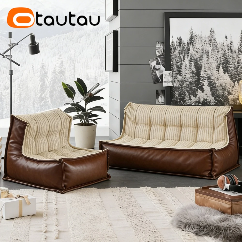 OTAUTAU 2-seat Bean Bag Lounger Cover Leather Cotton Linen Pouf Couch Beanbag Cover SF633【No Filler!Need Buy Filler Yourself!】 - view 4