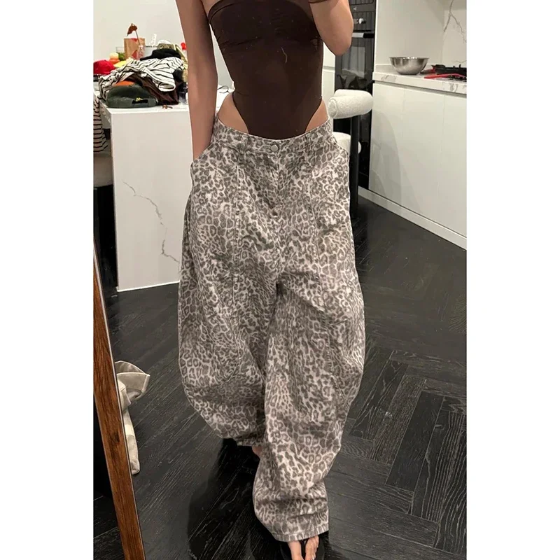 

American Retro High Street Leopard Print Jeans Women Y2k Hip Hop Loose Wide Leg Denim Pants Cargo Female Grunge Baggy Trousers