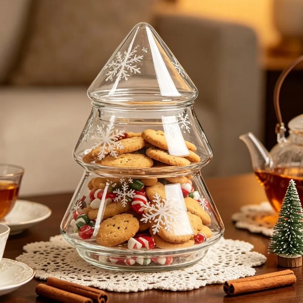 Snowflake Pattern Glass Christmas Tree Jar Large Capacity Transparent Cookie Jar With Lid Stylish Xmas Candy Jar Apartment