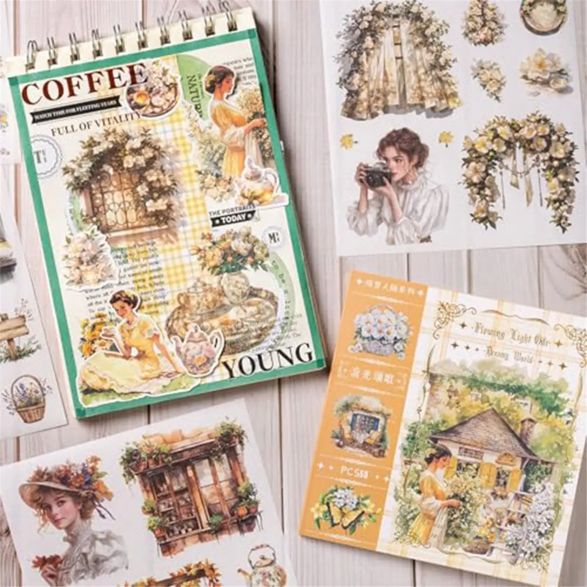 PROMOTION!Garden Junk Journal Stickers, 50 Sheets, Scrapbook Supplies, Watercolor Scrapbooking for Adults Yellow