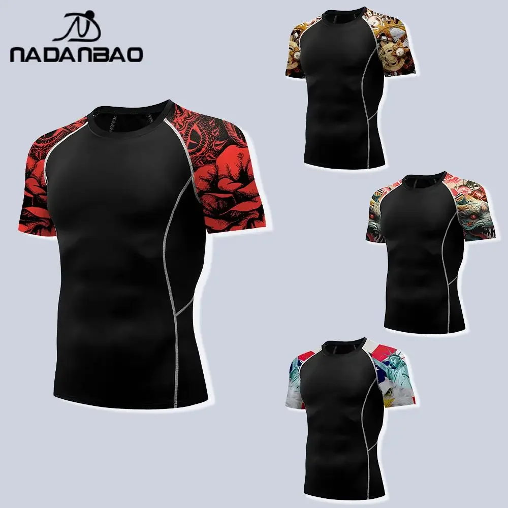 

NADANBAO Rash Guard Gym Compression T Shirt Men Print Sports Tight Tee Swimming Short Sleeve Sportswear Workout Fitness Top