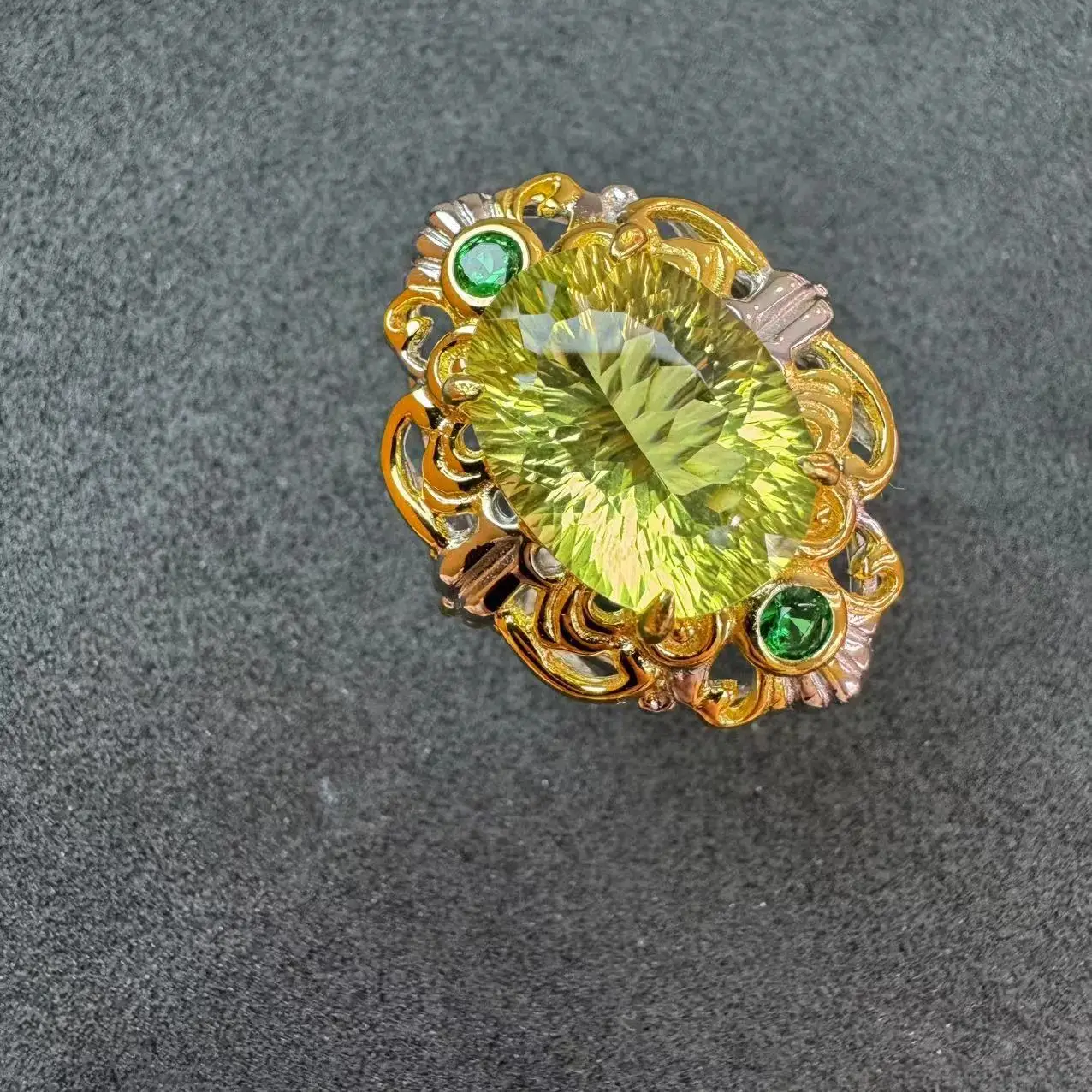 Natural Lemon Quartz Ring 925 Sterling Silver Two Tone Handmade Statement Vintage Floral Design Gemstone Ring for Women 12x16mm