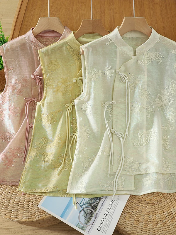 New Chinese Style Embroidered Sash Button Vest Women Summer New Warm Ancient Style Irregular Sequin Stand Collar Vest