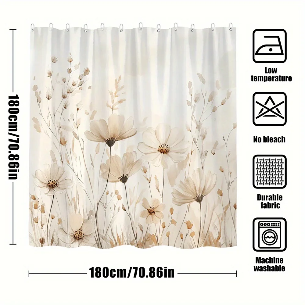 Watercolor Neutral Beige Daisy Wildflower Botanical Floral Pattern Shower Curtain Waterproof Mildew Resistant Polyester Fabric