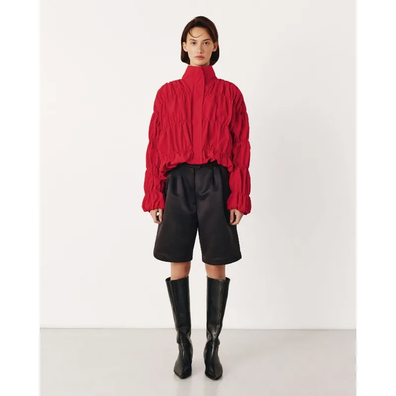 

Fashionable Red Women's Top A New Cross-border Autumn and Winter Collection Featuring Design with Pleated Stand-up Collar Loose