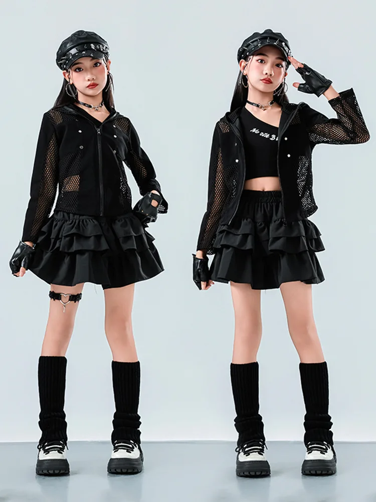 

Kid Kpop Hip Hop Clothing Black Mesh Zip up Short Hoodie Jacket Top Layered Mini Skirt for Girls Street Dance Costumes Clothes
