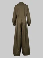 Uoozee Urban Female High Waisted Wide Leg Jumpsuits Solid Color Sleeves Loose Buttoned Stand Collar One-piece Outfits No Belt - Image 6