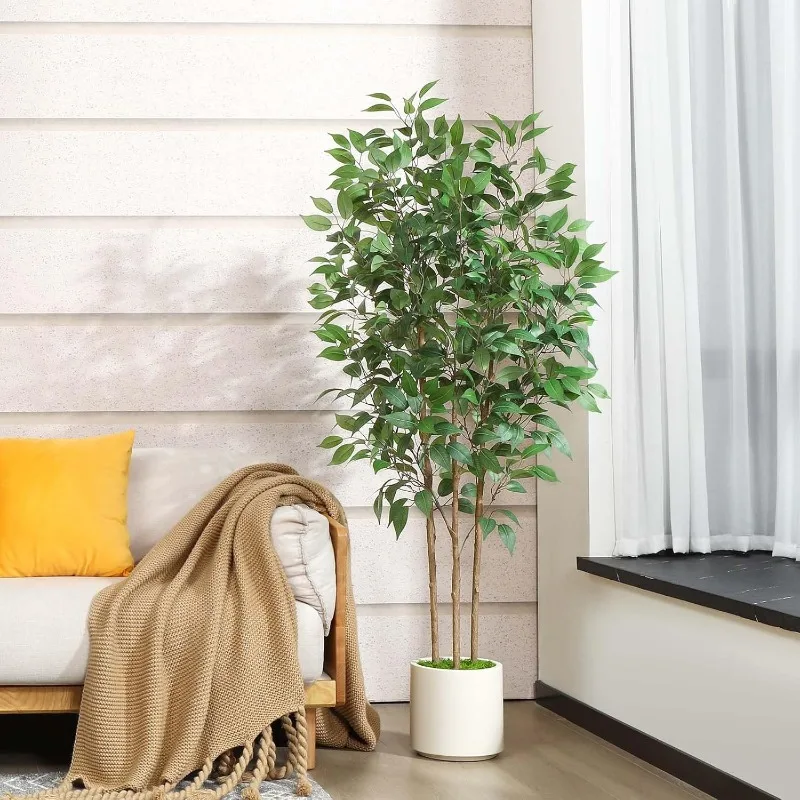 Ficus Artificial Tree 5ft Tall Fake Ficus Tree for Home Decor Indoor Faux Silk Ficus Plant Fake Floor Plant in White Imitation